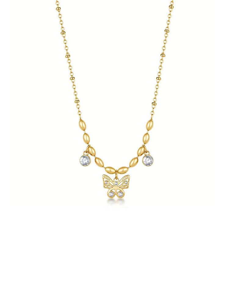 COLLANA DONNA IN ACCIAIO CHAKRA FINITURA ORO CON PENDENTE FARFALLA CENTRALE E CRISTALLI BROSWAY