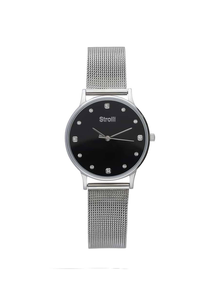 OROLOGIO DONNA IBIZA SOLO TEMPO CINTURINO MAGLIA MILANO IN ACCIAIO E QUANDRANTE NERO STROILI
