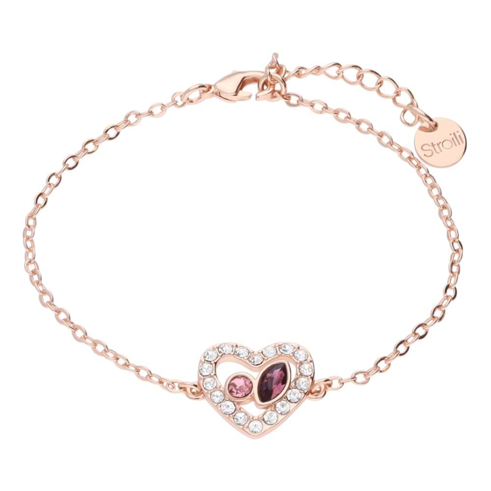 BRACCIALE DONNA IN METALLO ROSATO A FORMA DI CUORE CON PIETRE ROSA E STRASS STROILI