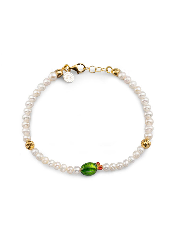BRACCIALE DONNA CON PERLE E MINI PALA DI FICO SMALTATA ISOLA BELLA