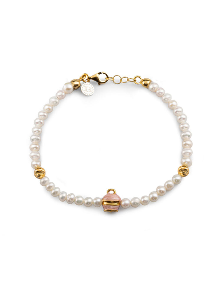 BRACCIALE DONNA CON PERLE E MINI CAMPANELLA SMALTATA ISOLA BELLA