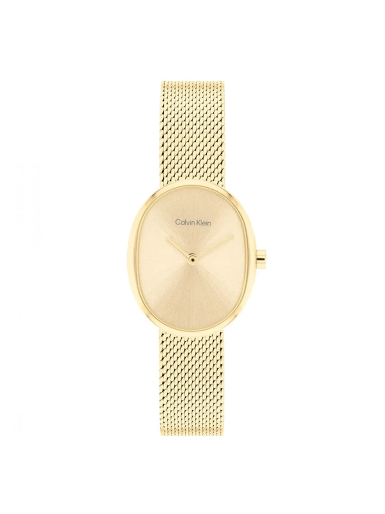 OROLOGIO DONNA IN ACCIAIO DORATO CON MAGLIA MILANO E QUADRANTE OVALE CALVIN KLEIN