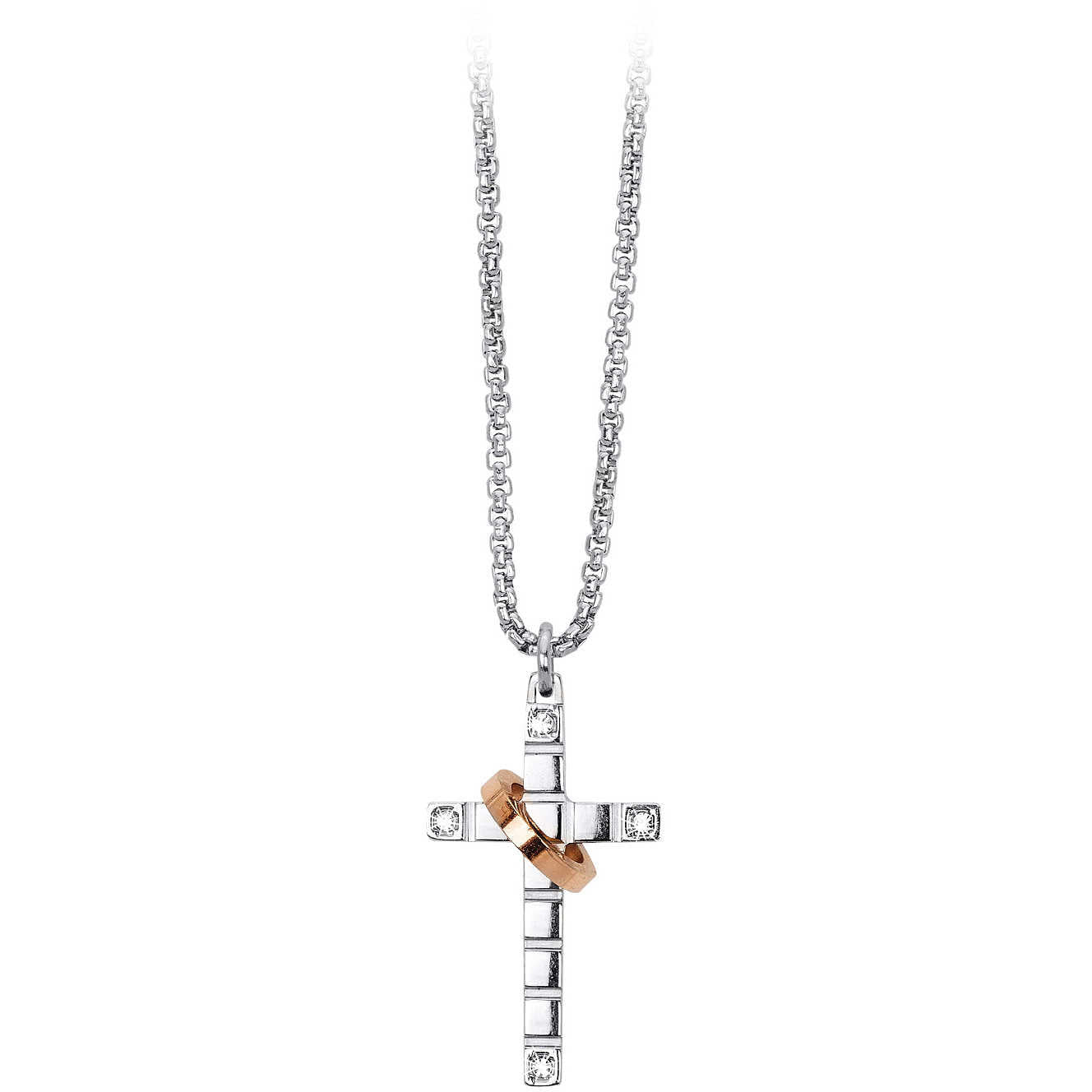 COLLANA UOMO FAITH CON CROCE IN ACCIAIO, PVD ORO ROSA E CRISTALLI 2JEWELS