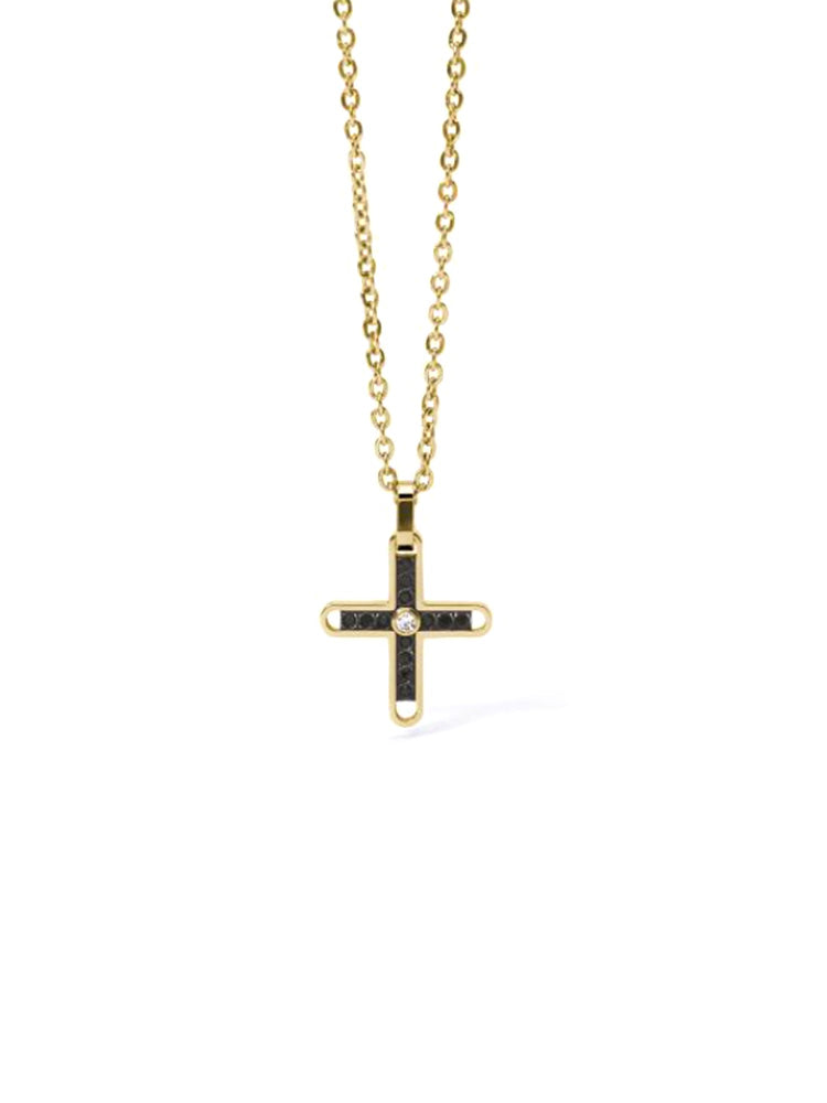 COLLANA UOMO IN ACCIAIO DORATO CON CROCE E CRISTALLI NERI 2JEWELS