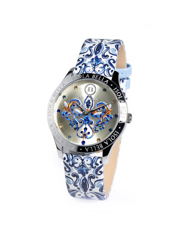 OROLOGIO DONNA DECORI SOLO TEMPO CON CINTURINO BLU E BIANCO ISOLA BELLA