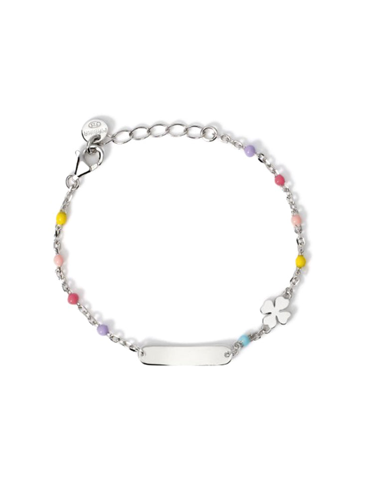 BRACCIALE BIMBA MULTICOLOR CON TARGHETTA PERSONALIZZABILE E QUADRIFOGLIO MABINA GIOIELLI