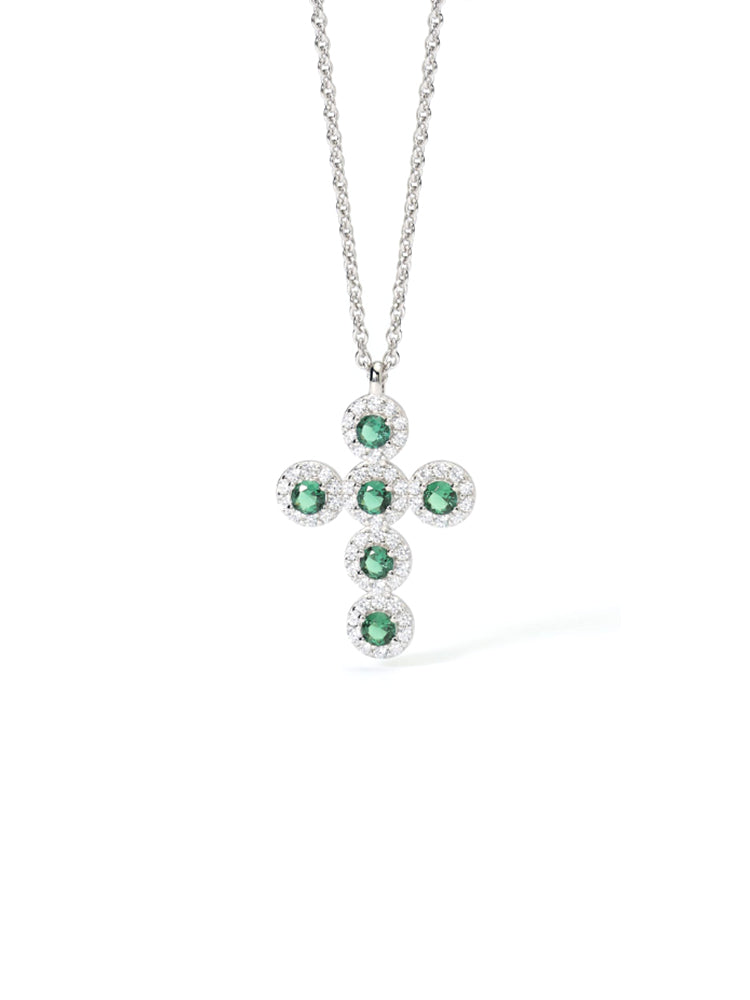 COLLANA DONNA MILANESIENNE IN ARGENTO CON CIONDOLO CROCE E SMERALDI SINTETICI MABINA GIOIELLI