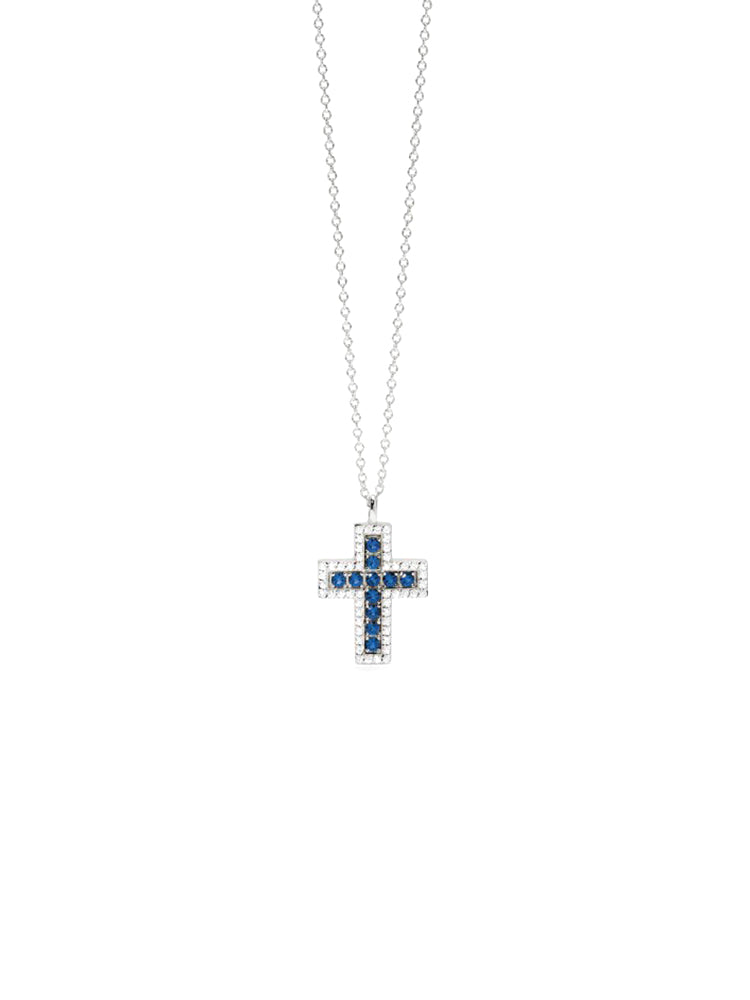 COLLANA DONNA CON CROCE PENDENTE CON ZAFFIRI SINTETICI E ZIRCONI MABINA GIOIELLI