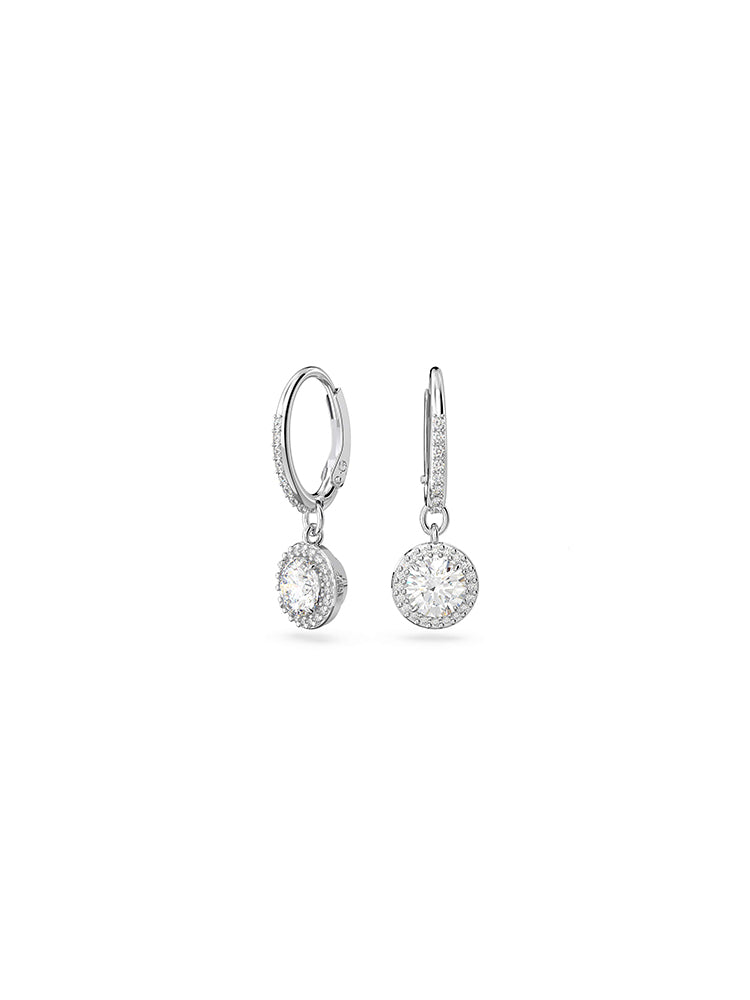 ORECCHINI DONNA CONSTELLA PENDENTI, TAGLIO TONDO, BIANCHI CON PAVE', PLACCATI RODIO SWAROVSKI