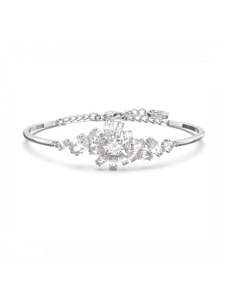 BRACCIALE DONNA RIGIDO GEMA FIORE, BIANCO, PLACCATO RODIO TAGLIA M SWAROVSKI