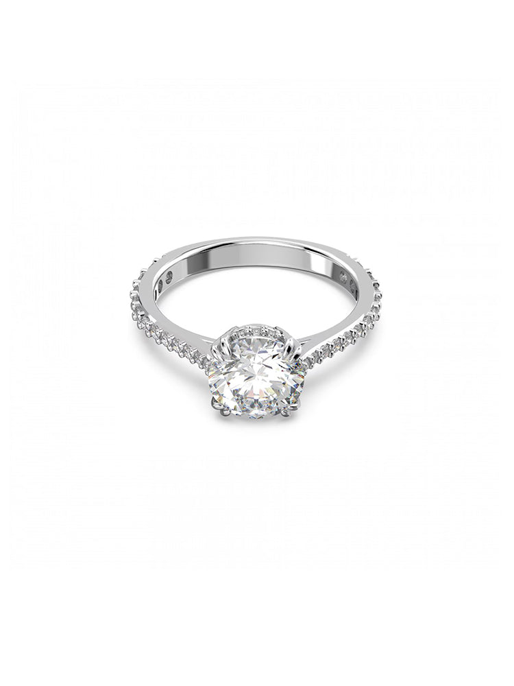 ANELLO DONNA COCKTAIL CONSTELLA SOLITARIO, TAGLIO PRINCESS, BIANCO CON PAVE', PLACCATO RODIO MIS 52 SWAROVSKI