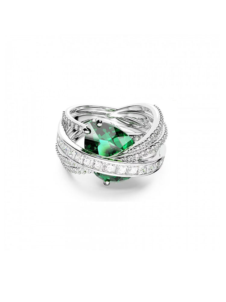 ANELLO DONNA COCKTAIL HYPERBOLA ZIRCONIA A ZERO EMISSIONI DI CARBONIO, TAGLIO MISTO, A QUATTRO FASCE, VERDE, PLACCATO RODIO MISURA 58 SWAROVSKI