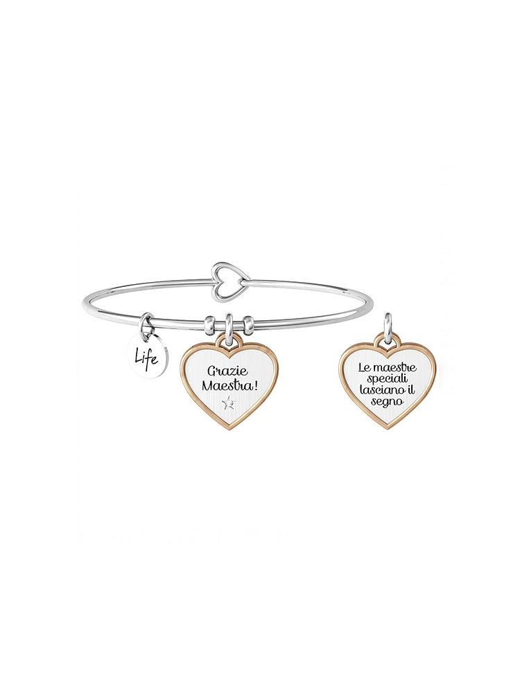 BRACCIALE DONNA LOVE, - GRAZIE MAESTRA - IN ACCIAIO SILVER CON CIONDOLO SATINATO A CUORE KIDULT