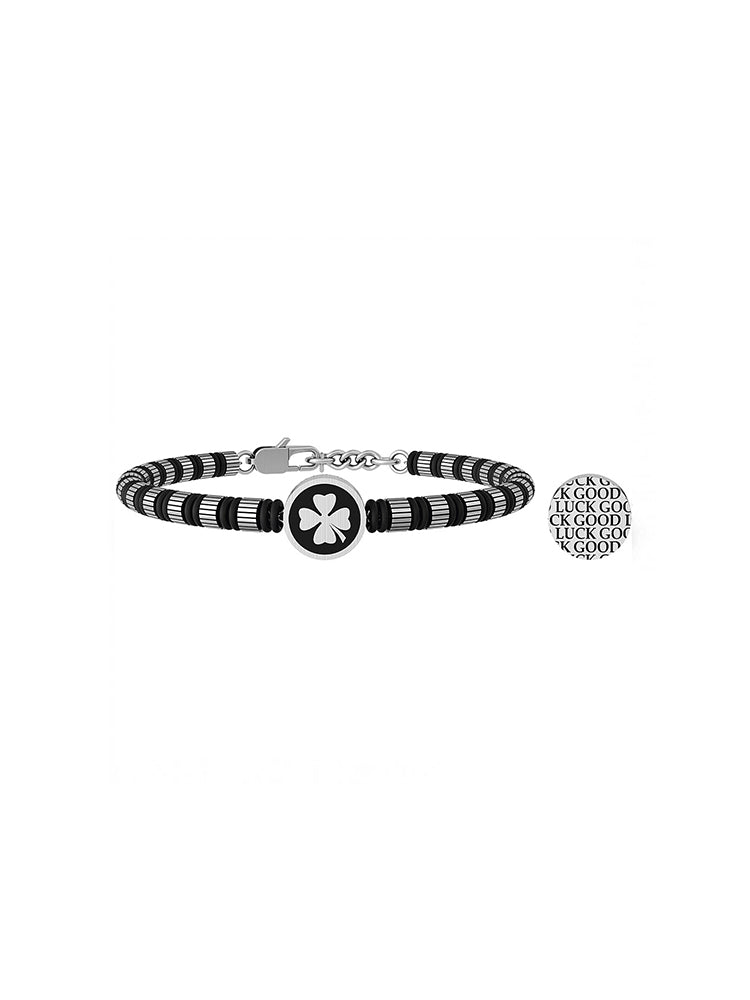 BRACCIALE UOMO NATURA - QUADRIFOGLIO | IN BOCCA AL LUPO - ACCIAIO E CILINDRI CON TEXTURE RIGATA COLORE NERO CON PIASTRA TONDA KIDULT