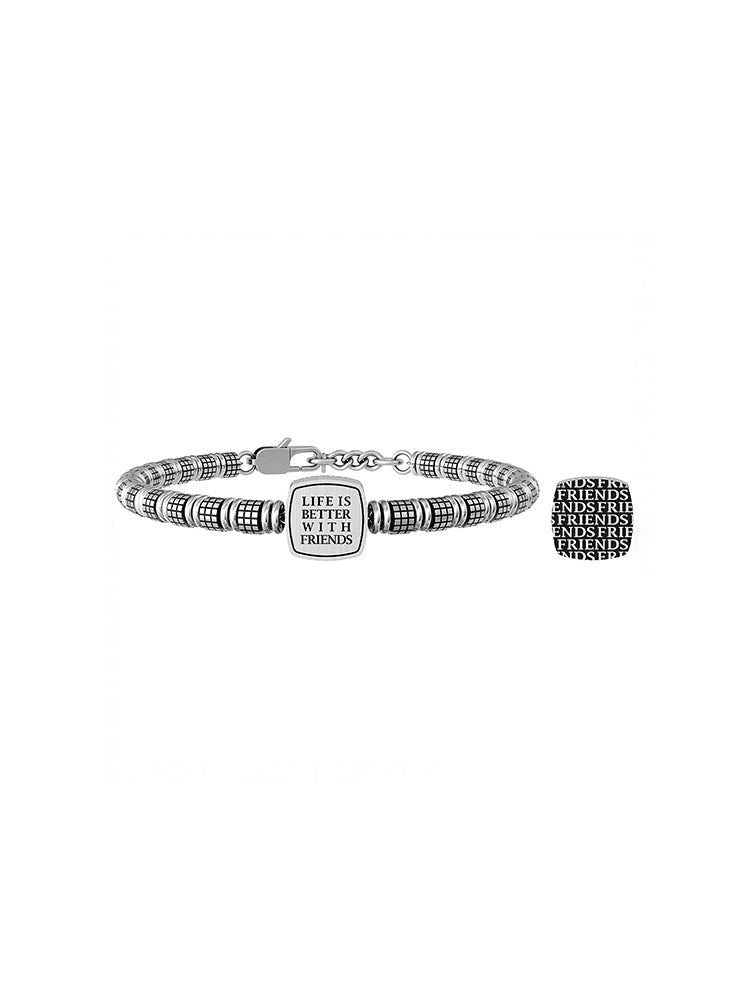 BRACCIALE UOMO LOVE - LA VITA È MIGLIORE CON GLI AMICI - IN ACCIAIO SATINATO CON CILINDRI TEXTURE QUADRATA KIDULT