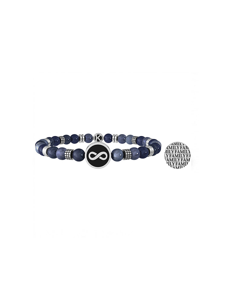 BRACCIALE UOMO FAMILY - INFINITO | FAMIGLIA - ELASTICO CON SFERE IN DUMORTIERITE BLU CON TEXTURE QUADRATA E PIASTRA KIDULT