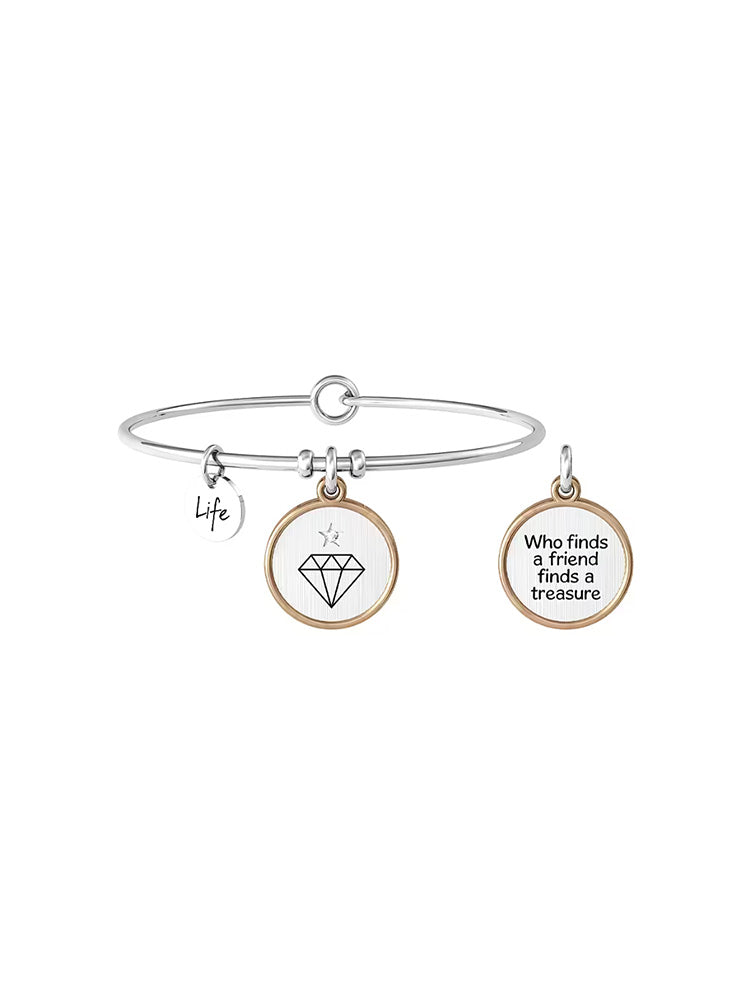 BRACCIALE DONNA RIGIDO CON CIONDOLO TONDO "WHO FINDS A FRIEND FINDS A TREASURE" KIDULT