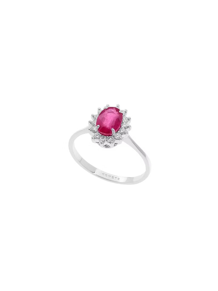 ANELLO DONNA IN ORO BIANCO CON DIAMANTI E RUBINO CENTRALE OVALE COMETE GIOIELLI
