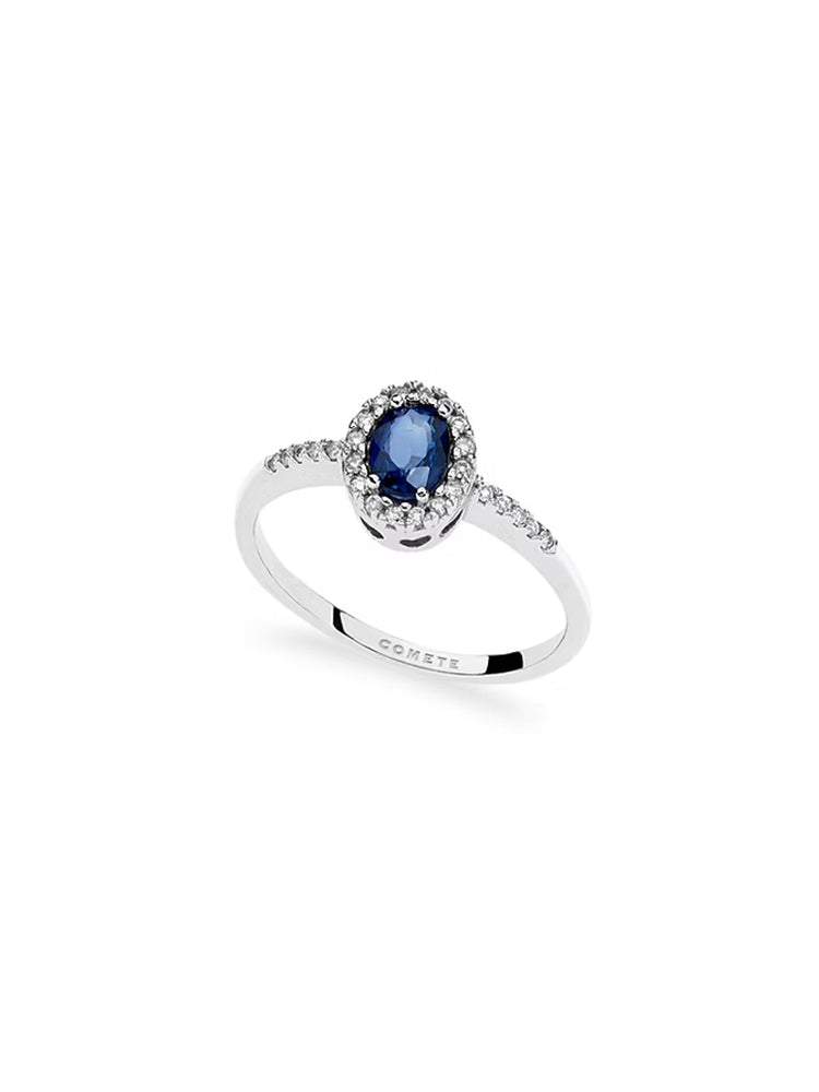 ANELLO DONNA IN ORO BIANCO CON ZAFFIRO CENTRALE OVALE E DIAMANTI COMETE GIOIELLI