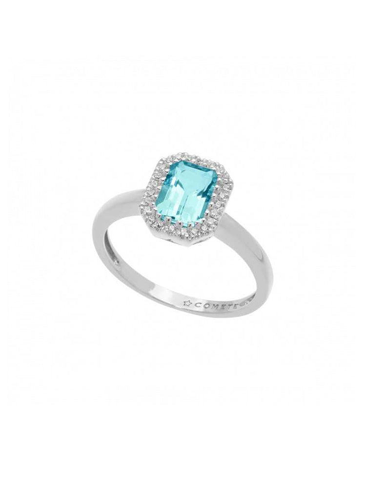 ANELLO DONNA SOLITARIO TAGLIO OTTAGONALE IN ORO BIANCO, ACQUAMARINA E DIAMANTI BIANCHI COMETE GIOIELLI
