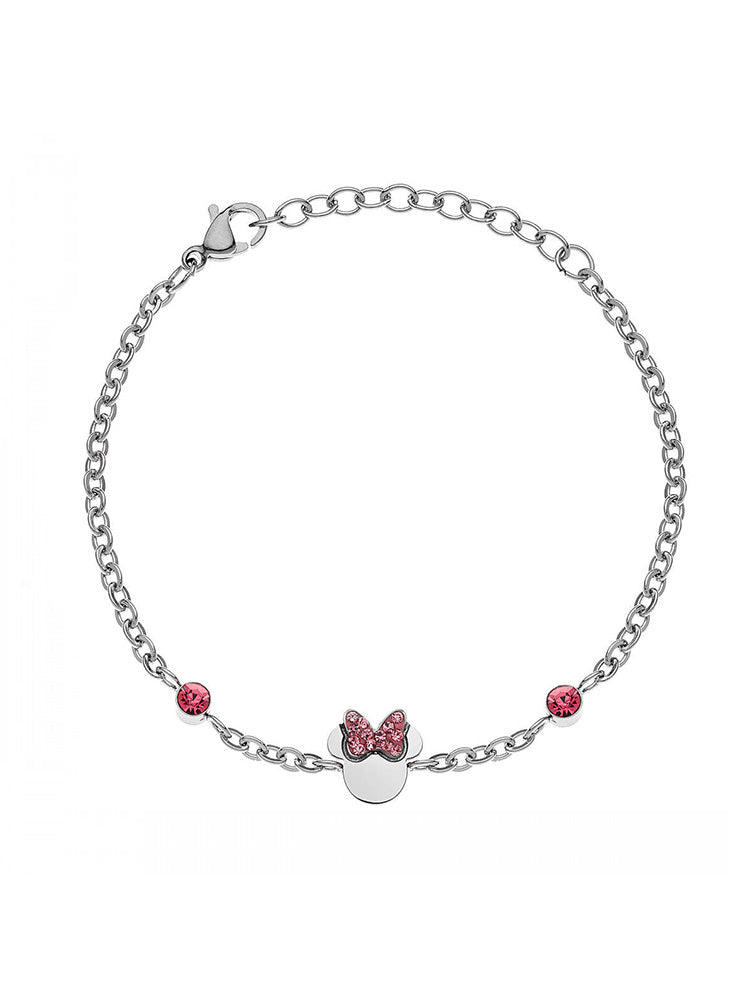 BRACCIALE BAMBINA MINNIE MOUSE IN ACCIAIO ARGENTO CON ZIRCONI SUL FIOCCO COLORE ROSSO DISNEY