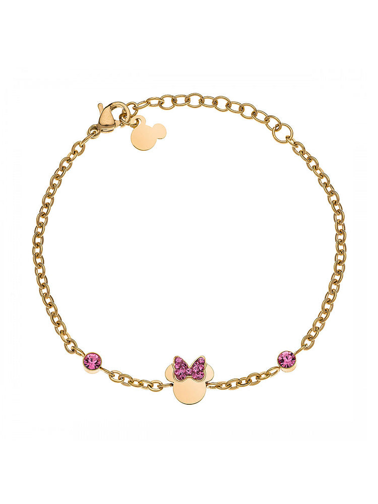 BRACCIALE BAMBINA MINNIE MOUSE IN ACCIAIO GIALLO CON ZIRCONI SUL FIOCCO COLORE ROSA DISNEY