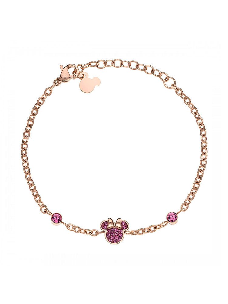 BRACCIALE BAMBINA MINNIE MOUSE IN ACCIAIO ROSA CON ZIRCONI SUL FIOCCO COLORE ROSA DISNEY