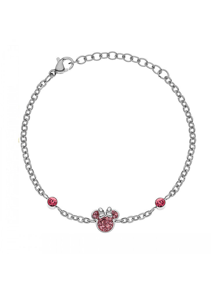 BRACCIALE BAMBINA MINNIE MOUSE IN ACCIAIO ARGENTO CON ZIRCONI COLORE ROSSO DISNEY