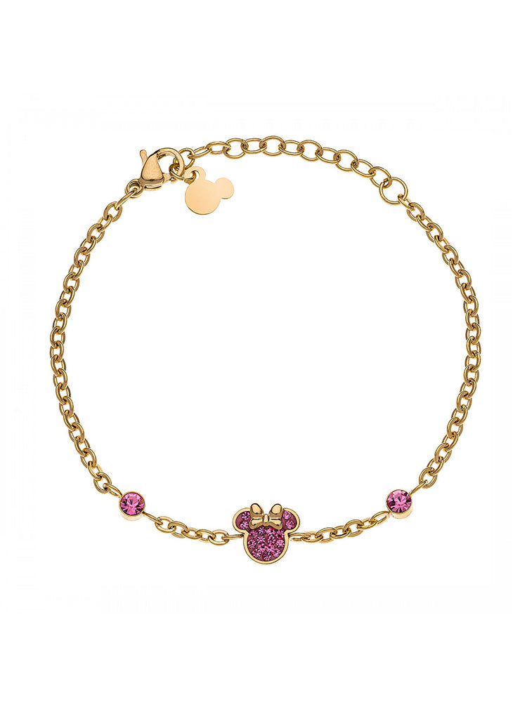 BRACCIALE BAMBINA MINNIE MOUSE IN ACCIAIO GIALLO CON ZIRCONI COLORE ROSA DISNEY