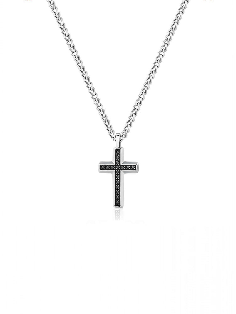 COLLANA UOMO BACKLINER CON CROCE IN ACCIAIO E CRISTALLI NERI BROSWAY
