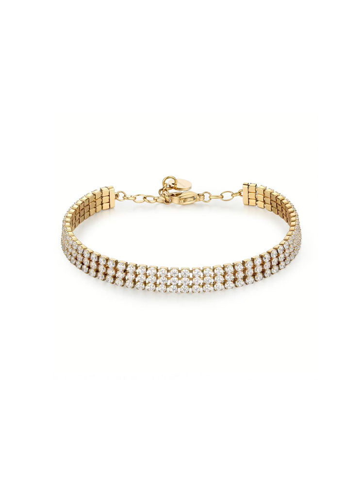 BRACCIALE DONNA TENNIS IN ACCIAIO TRE FILI E ZIRCONI BIANCHI FINITURA ORO BROSWAY