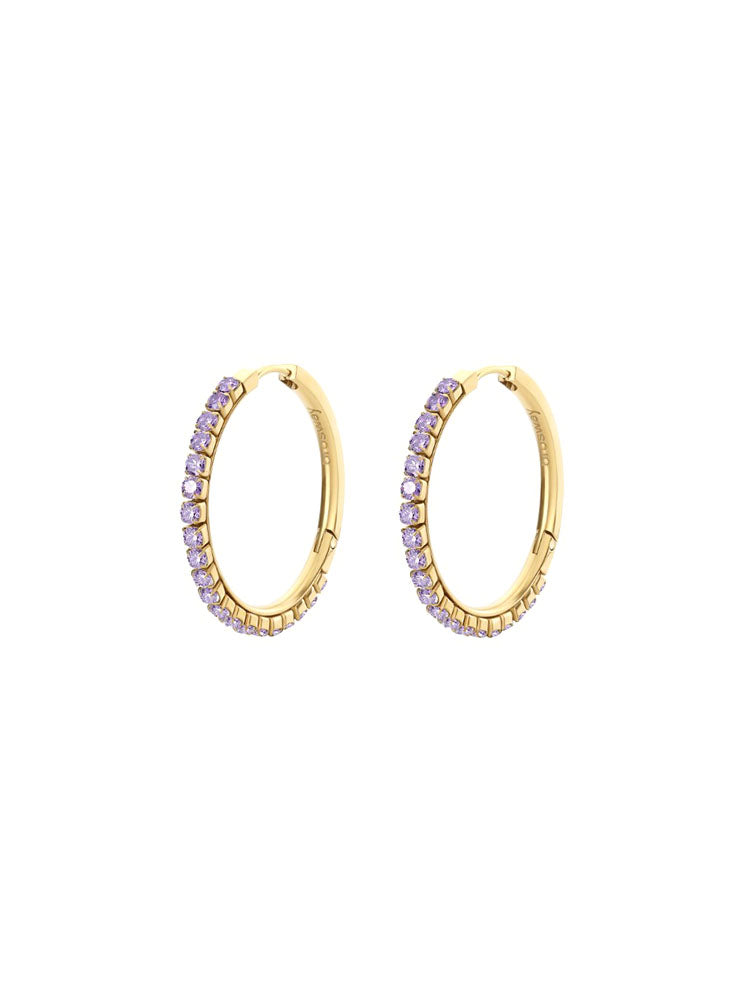 ORECCHINI DONNA A CERCHIO DESIDERI IN ACCIAIO COLOR ORO GIALLO E ZIRCONI VIOLA CHIARO BROSWAY
