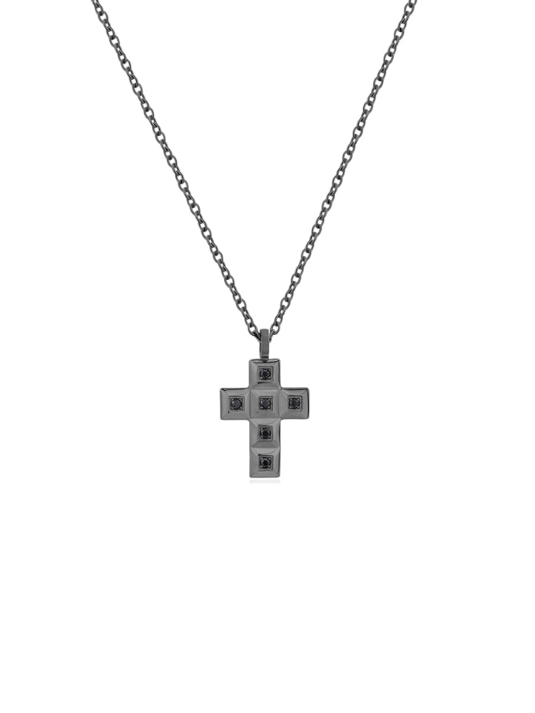 COLLANA UOMO FORGE CROCE IN ACCIAIO BRUNITO E CRISTALLI NERI BROSWAY