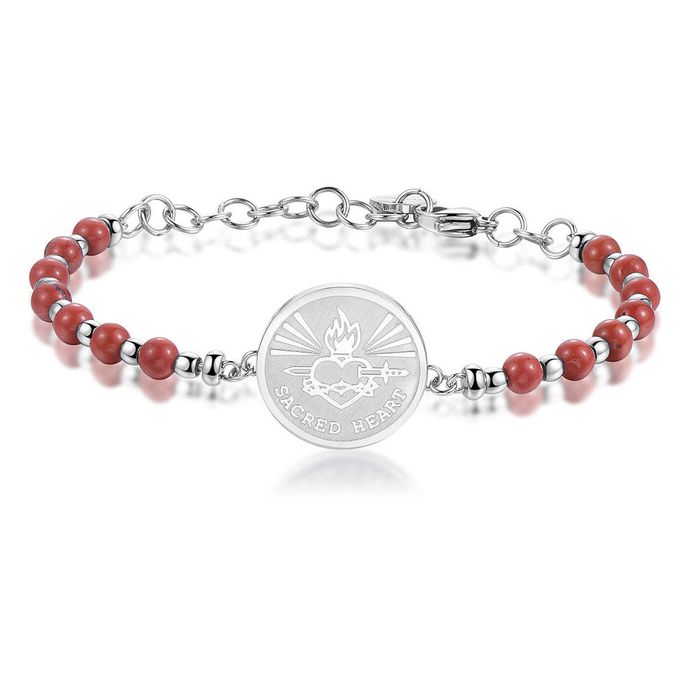 BRACCIALE DONNA CHAKRA, SACRO CUORE E PERLE ROSSE RODIO BROSWAY