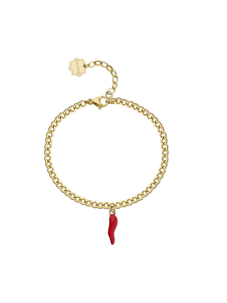BRACCIALE DONNA CHAKRA PORTAFORTUNA IN ACCIAIO DORATO CON CORNO ROSSO BROSWAY