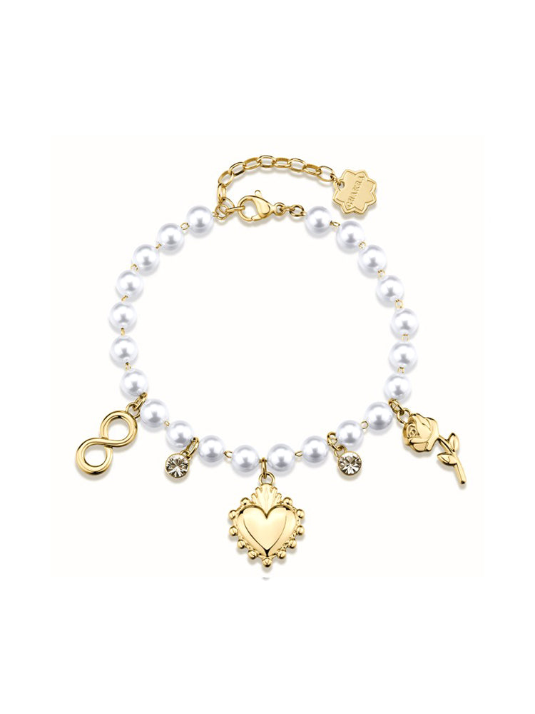 BRACCIALE DONNA CON PERLE E SIMBOLI D'AMORE PENDENTI IN ACCIAIO DORATO BROSWAY
