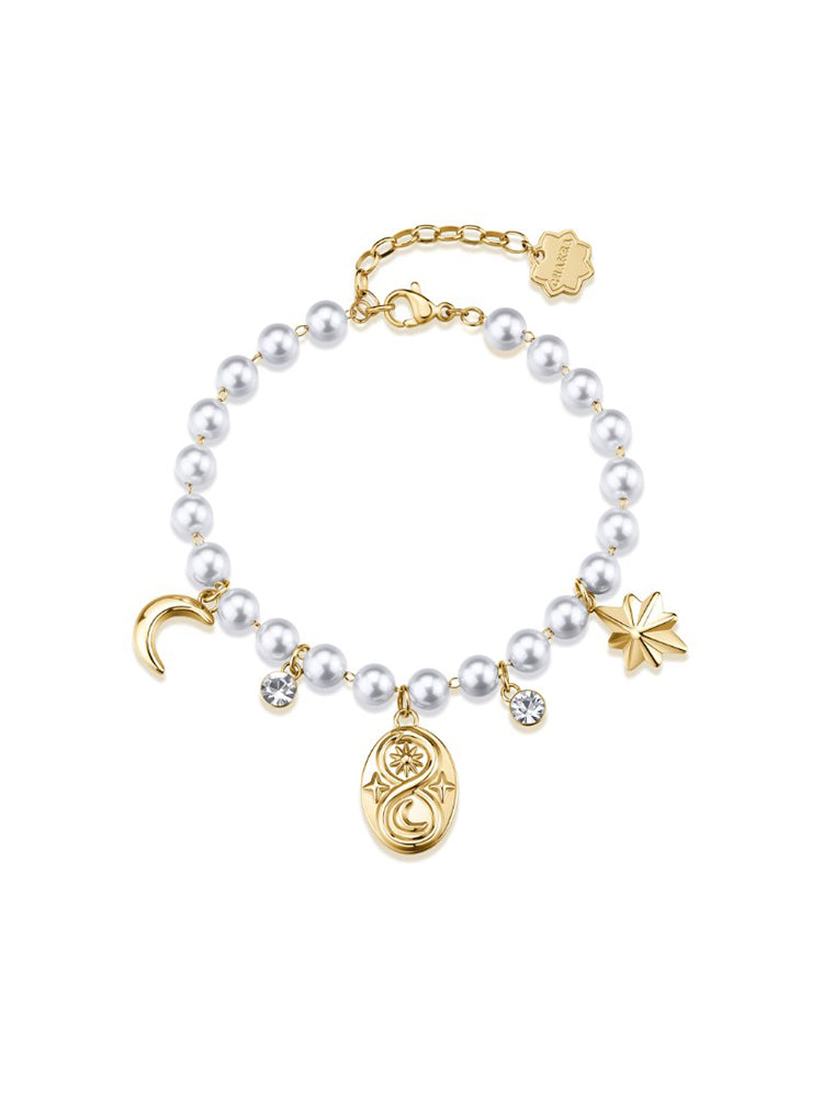 BRACCIALE DONNA CHAKRA CON PERLE E SIMBOLI MISTICI DORATI PENDENTI BROSWAY