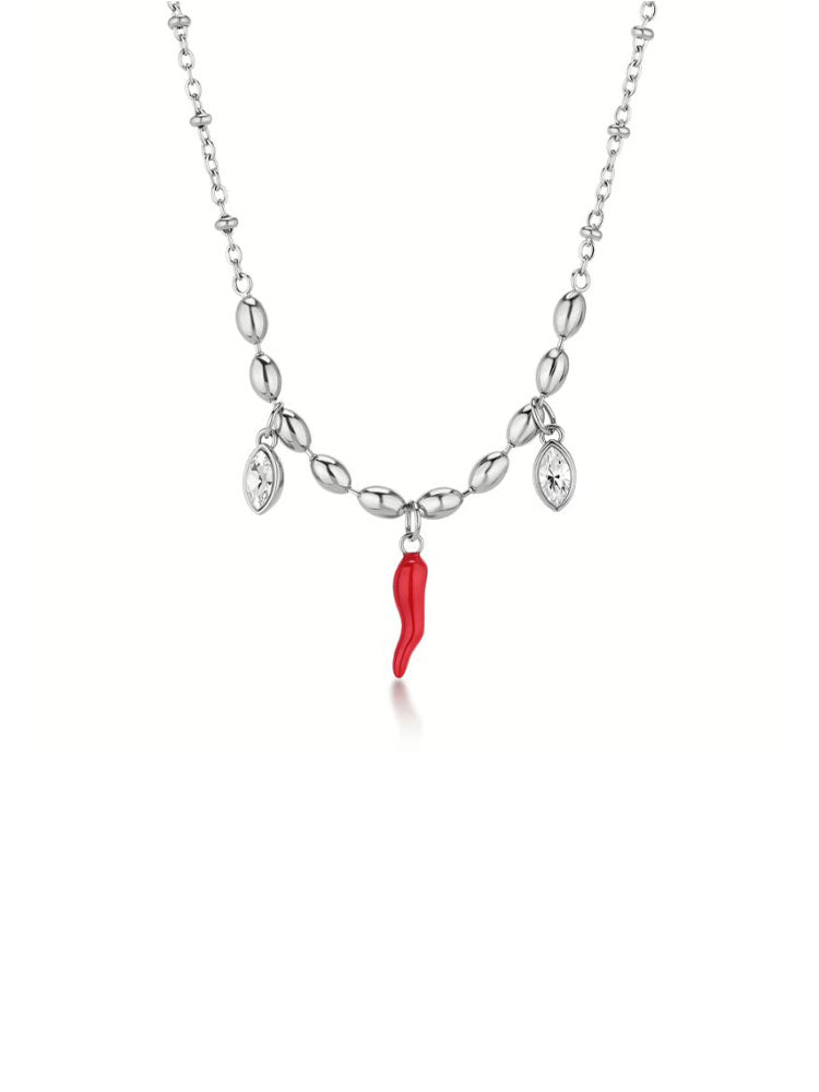 COLLANA DONNA IN ACCIAIO CHAKRA CON PENDENTE CORNINO ROSSO CENTRALE E CRISTALLI BROSWAY