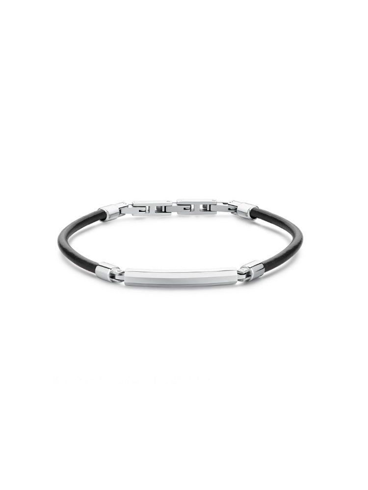 BRACCIALE UOMO IN PELLE NERA CON PIASTRINA CENTRALE IN ACCIAIO BROSWAY