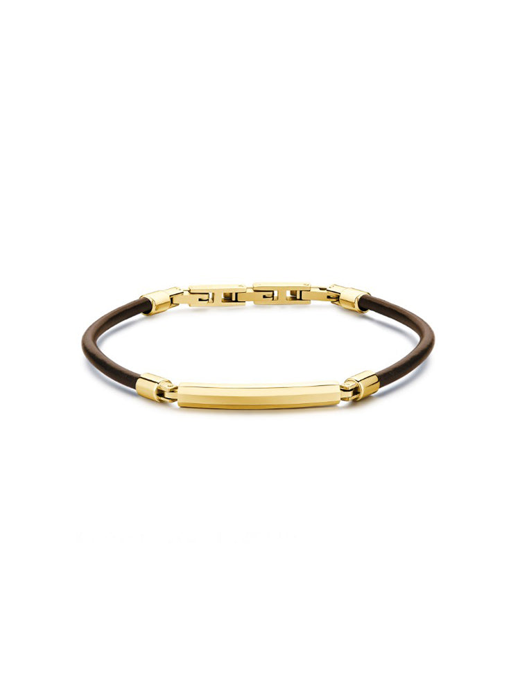 BRACCIALE UOMO IN PELLE MARRONE CON PIASTRINA CENTRALE IN ACCIAIO DORATO BROSWAY