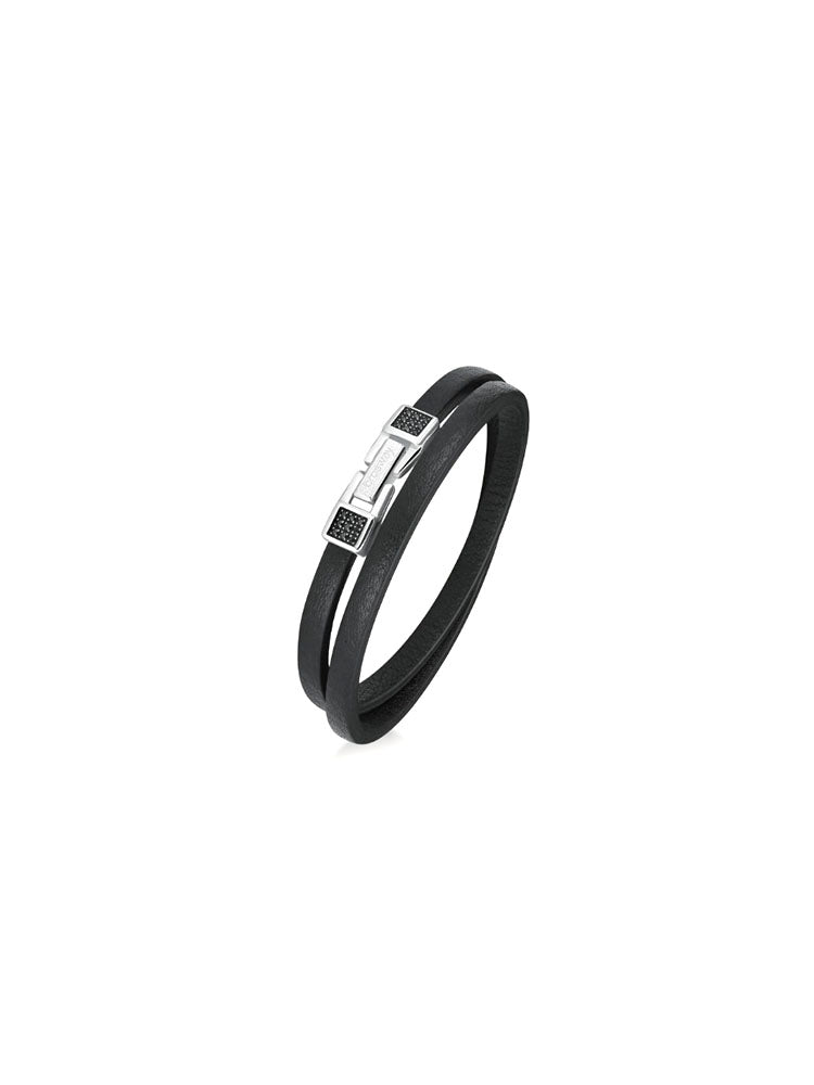 BRACCIALE UOMO INK IN PELLE DOPPIO GIRO CON CHIUSURA IN ACCIAIO E ZIRCONI NERI BROSWAY