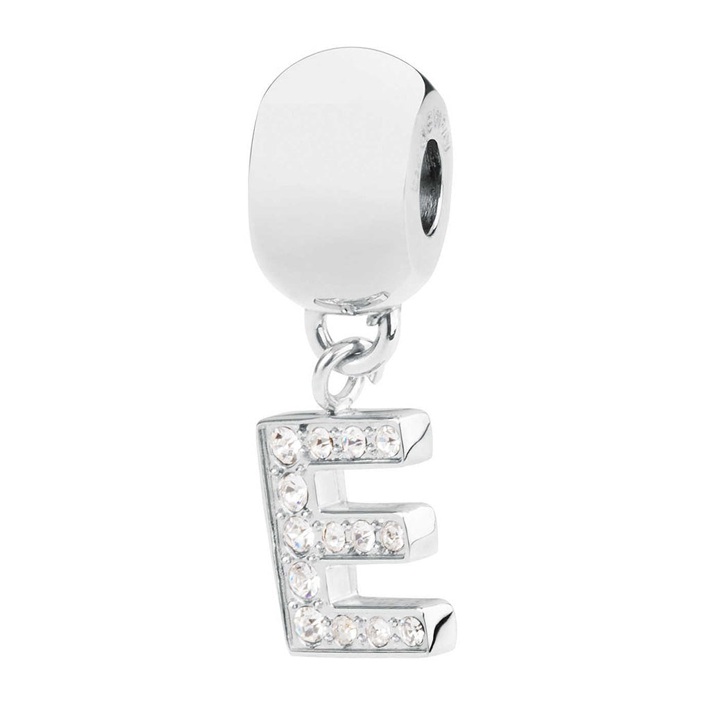 CHARM DONNA TRES JOLIE MINI, LETTERA E, COLOR RODIO, CON SWAROVSKI BROSWAY