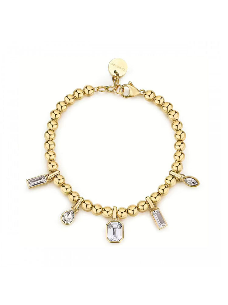 BRACCIALE DONNA IN ACCIAIO DORATO CON SFERE E PENDENTI CON CRISTALLI BIANCHI BROSWAY