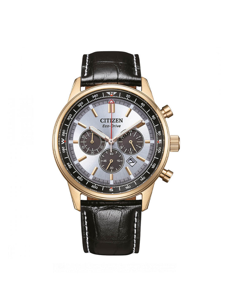 OROLOGIO UOMO AVIATOR CRONO CON CASSA DORATA E CINTURINO IN PELLE NERA CITIZEN