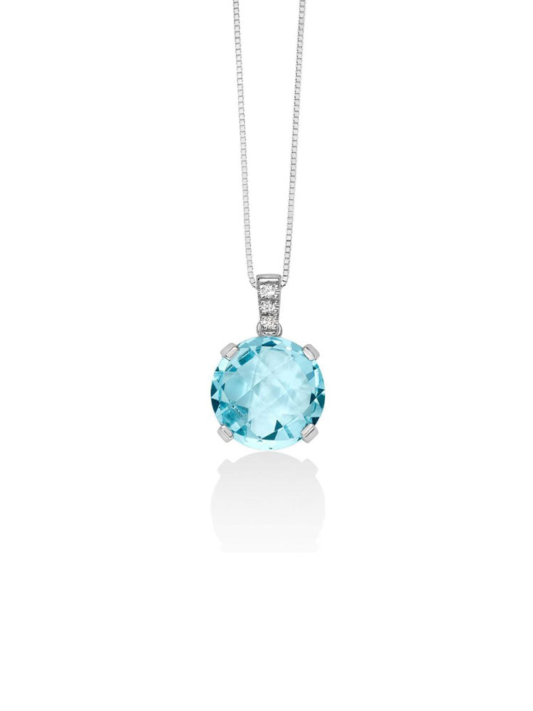 COLLANA DONNA IN ORO BIANCO 18KT DIAMANTI E TOPAZIO COLOR ACQUAMARINA TAGLIO ROTONDO MILUNA