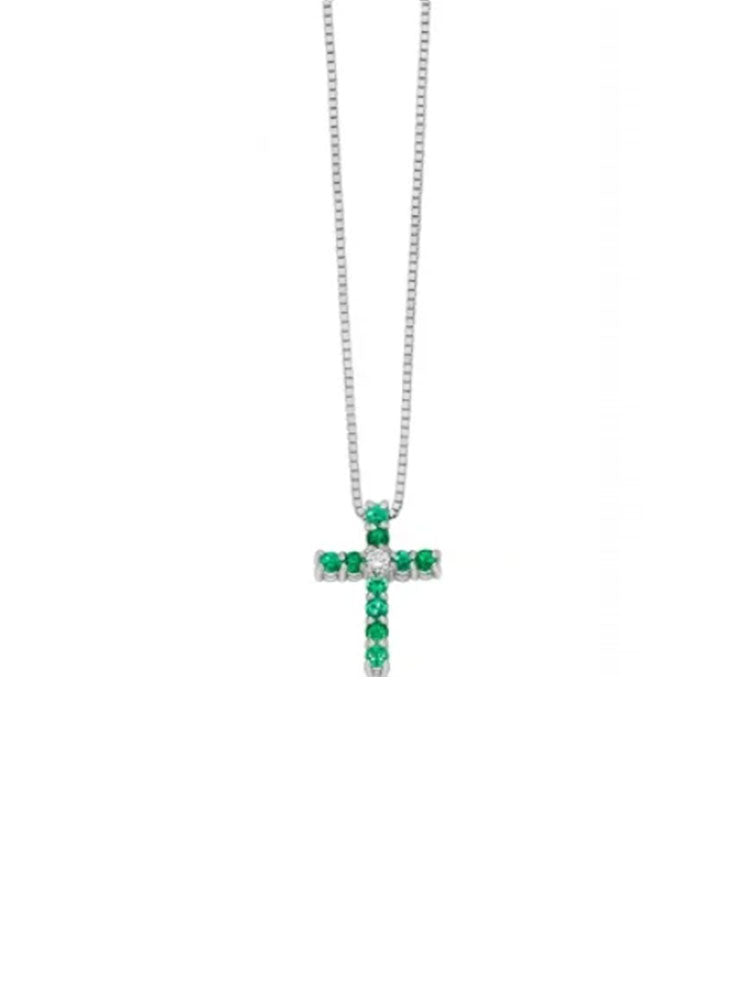 COLLANA DONNA IN ORO BIANCO CON CROCE DI SMERALDI E DIAMANTI MILUNA