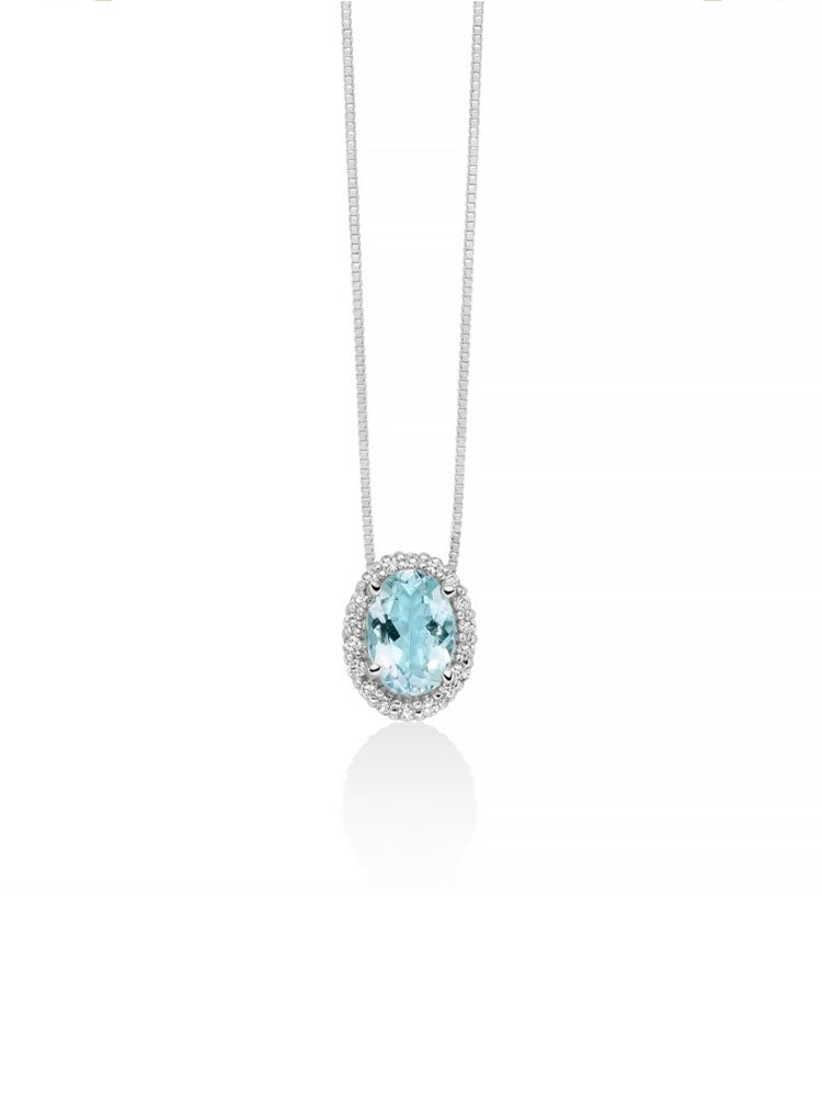 COLLANA DONNA IN ORO BIANCO 18KT DIAMANTI E ACQUAMARINA TAGLIO OVALE MILUNA