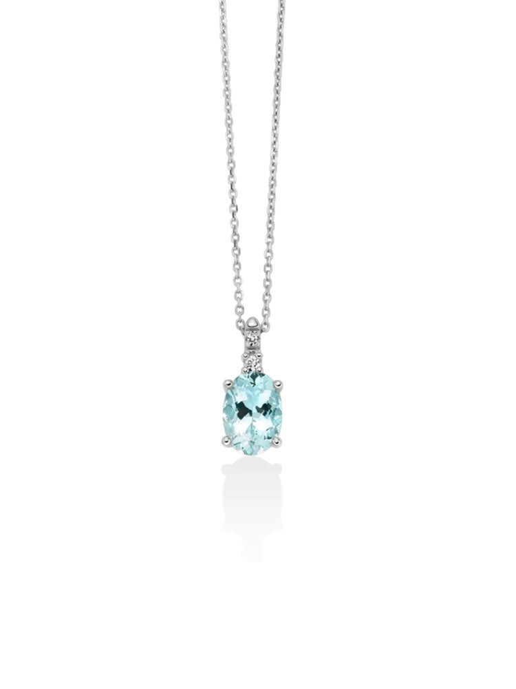 COLLANA DONNA IN ORO BIANCO 18 KT CON ACQUAMARINA OVALE E DIAMANTI MILUNA