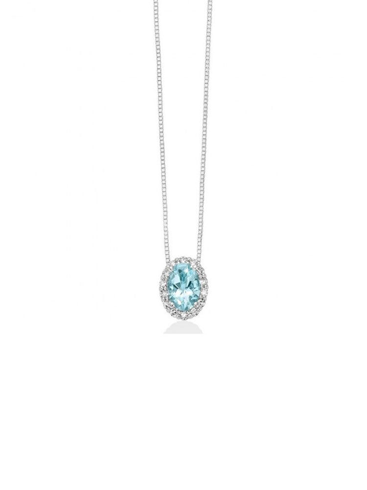 COLLANA DONNA IN ORO BIANCO 18KT DIAMANTI E ACQUAMARINA TAGLIO OVALE MILUNA
