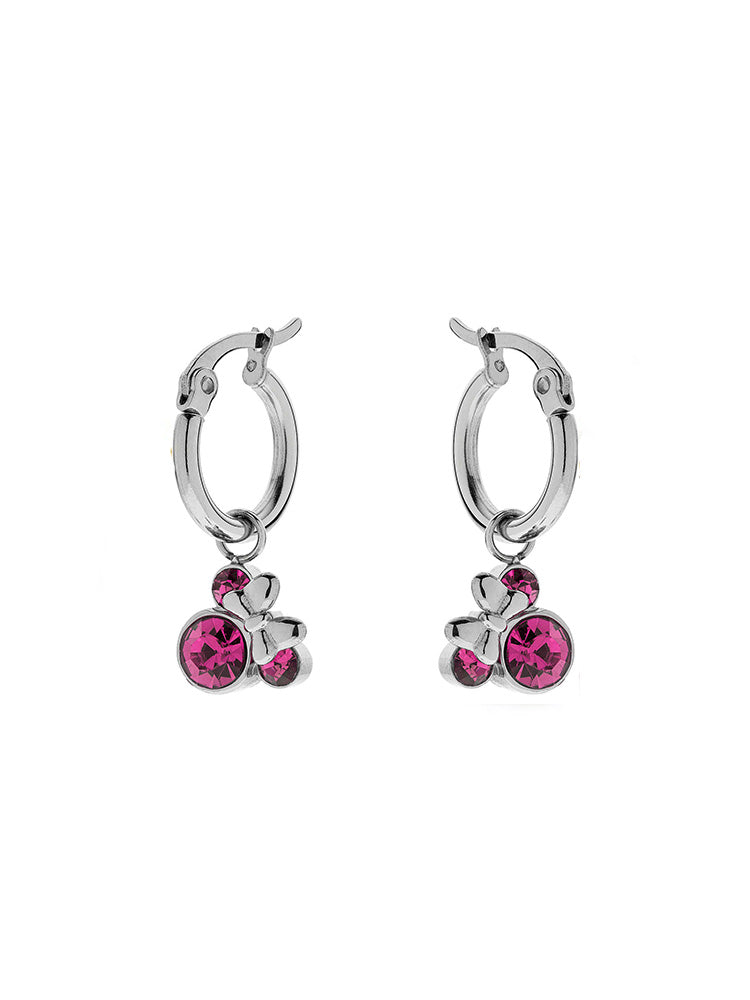 ORECCHINI BAMBINA PENDENTI MINNIE MOUSE IN ACCIAIO COLORE ARGENTO, E ZIRCONI FUCSIA DISNEY